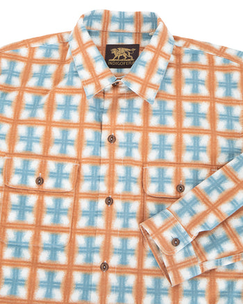 Indigofera Webster Shirt, Printed Flannel, White / Orange / Blue