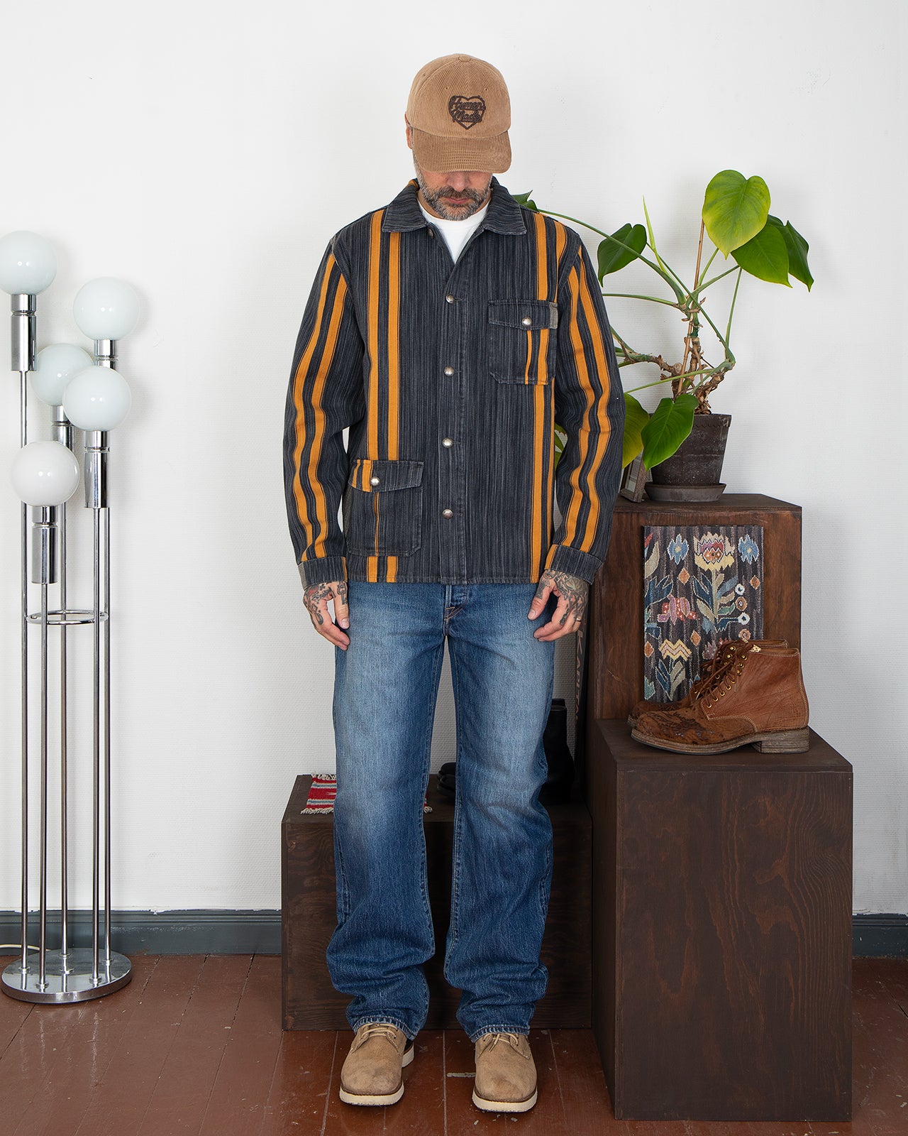 Indigofera Conway Jacket, Cotton / Wool Stripe, Grey / Wine / Orange