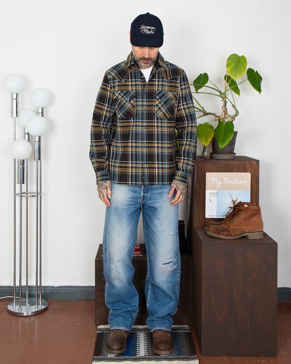 Indigofera Dawson Shirt, Flannel Check, Brown / Olive / Turquoise / Ecru