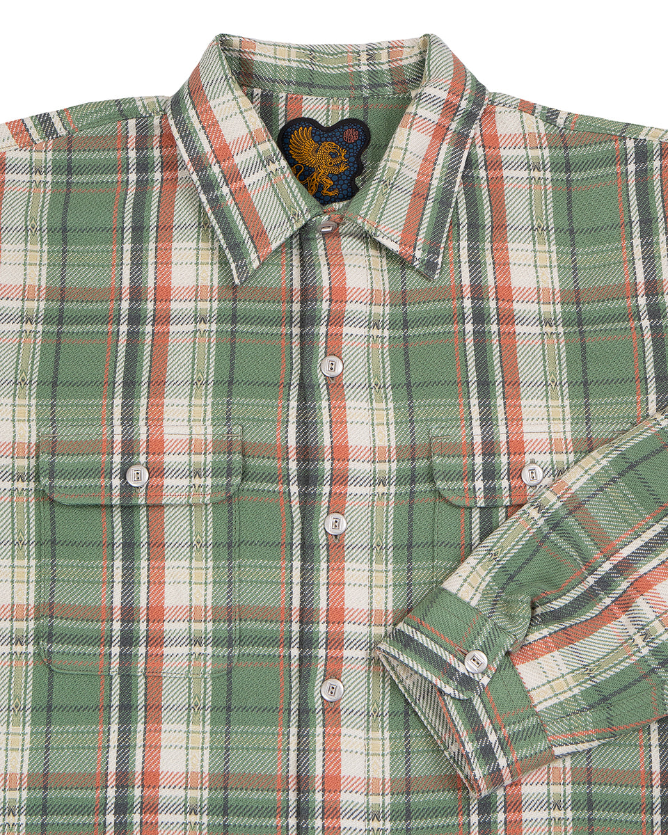 Indigofera Webster Shirt, Jacquard Flannel, Green / Beige Check