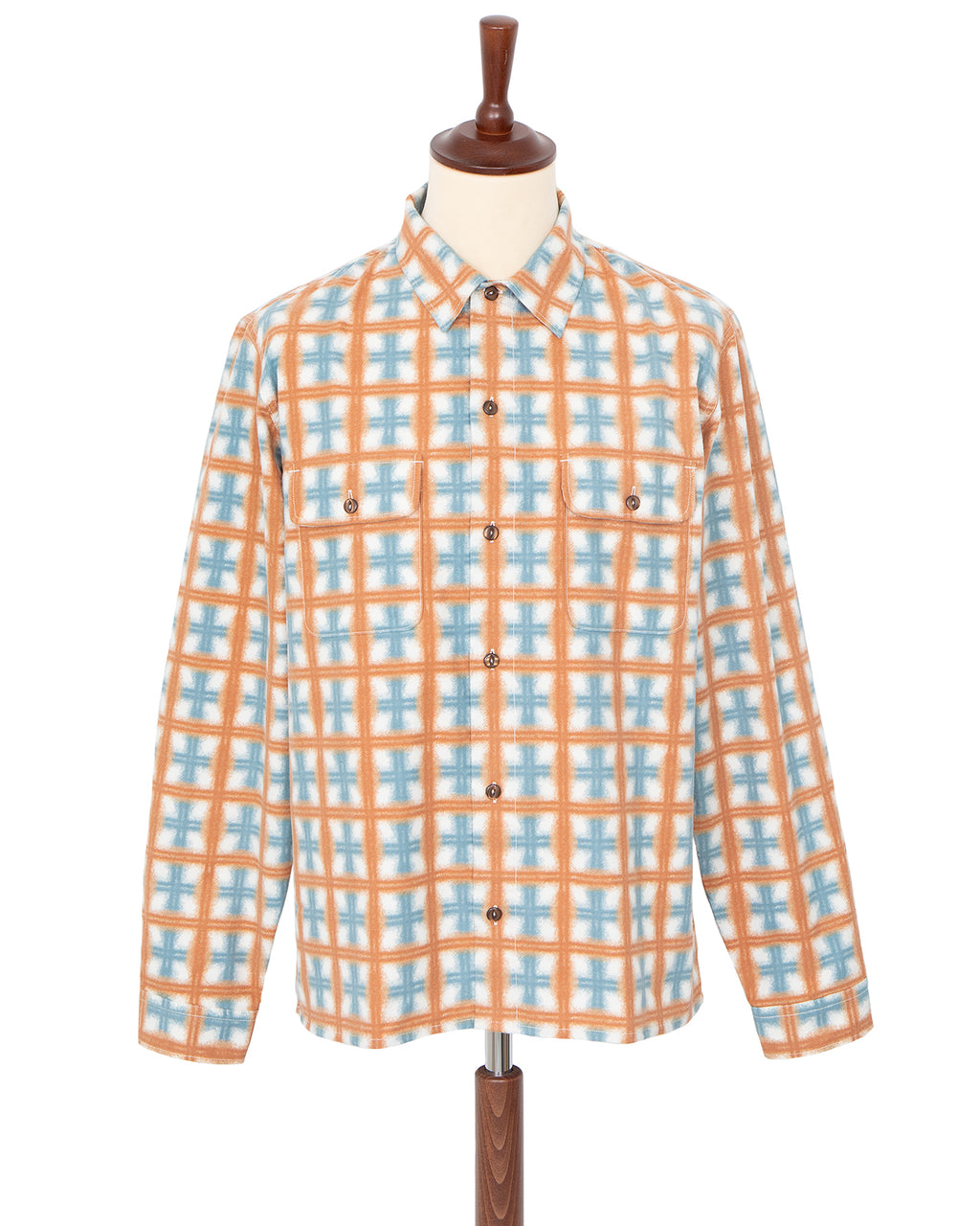 Indigofera Webster Shirt, Printed Flannel, White / Orange / Blue