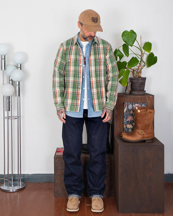 Indigofera Webster Shirt, Jacquard Flannel, Green / Beige Check
