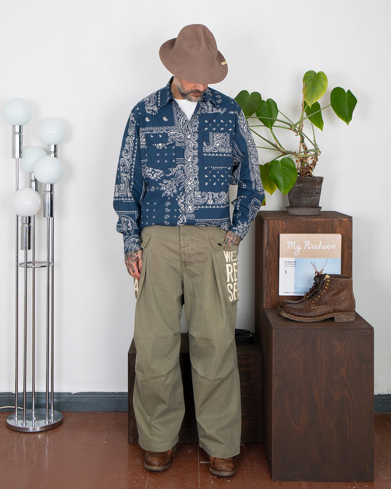 Kapital Herringbone Jumbo Monkey Pants (Factory-Repair & Embroidery), Khaki