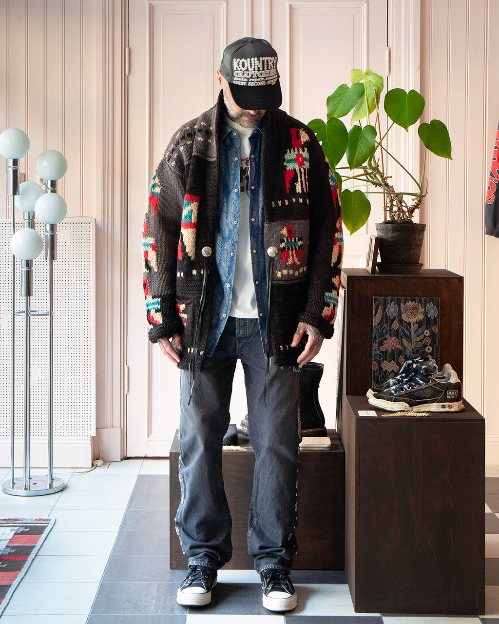 Kapital knit x chambray cardigan (SPEAKEASY embroidery)