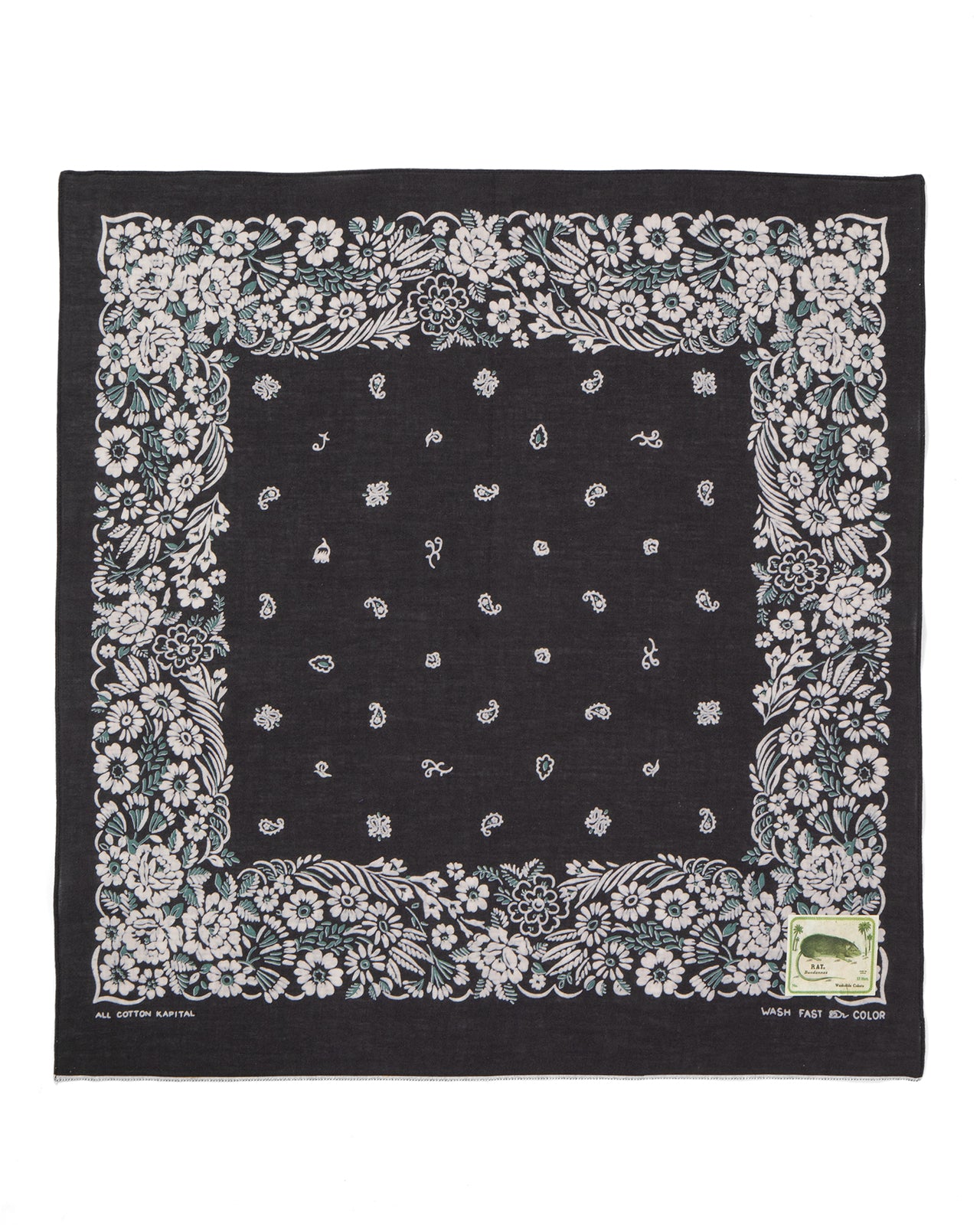 Kapital Fastcolor Selvedge Bandana, Churchill Garden, Black
