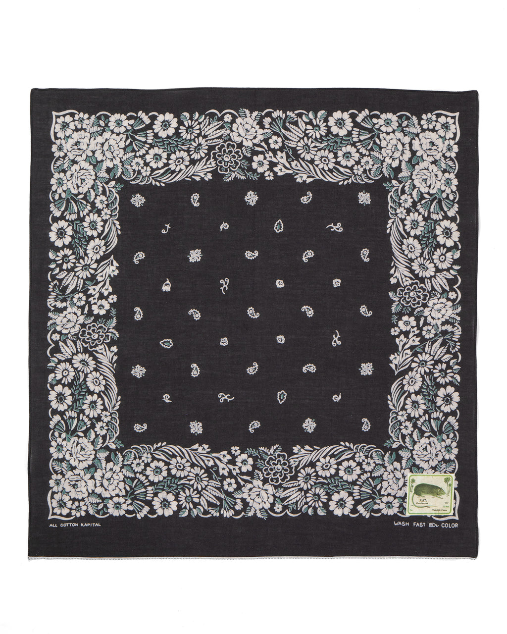 Kapital Fastcolor Selvedge Bandana, Churchill Garden, Black