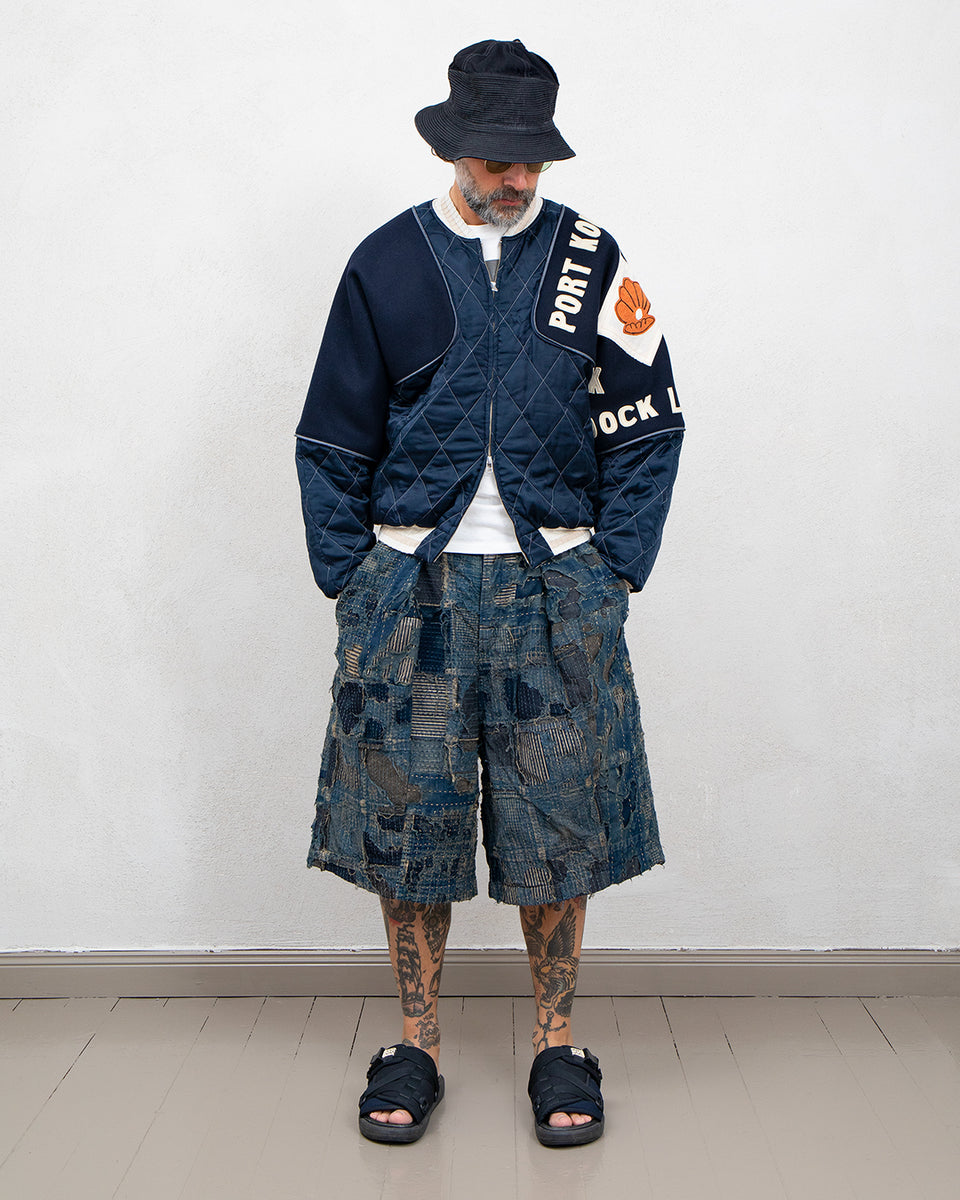 Kapital Rayon Satin Quilting Sham-Bomber Jacket, Pearl Flag