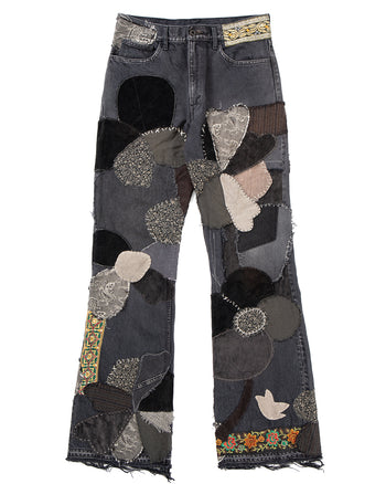 Kapital 14oz BLKxBLK Denim 5P Rat Flare Pants, Hippie-Insane Remake