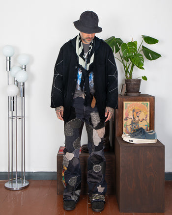 Kapital 14oz BLKxBLK Denim 5P Rat Flare Pants, Hippie-Insane Remake