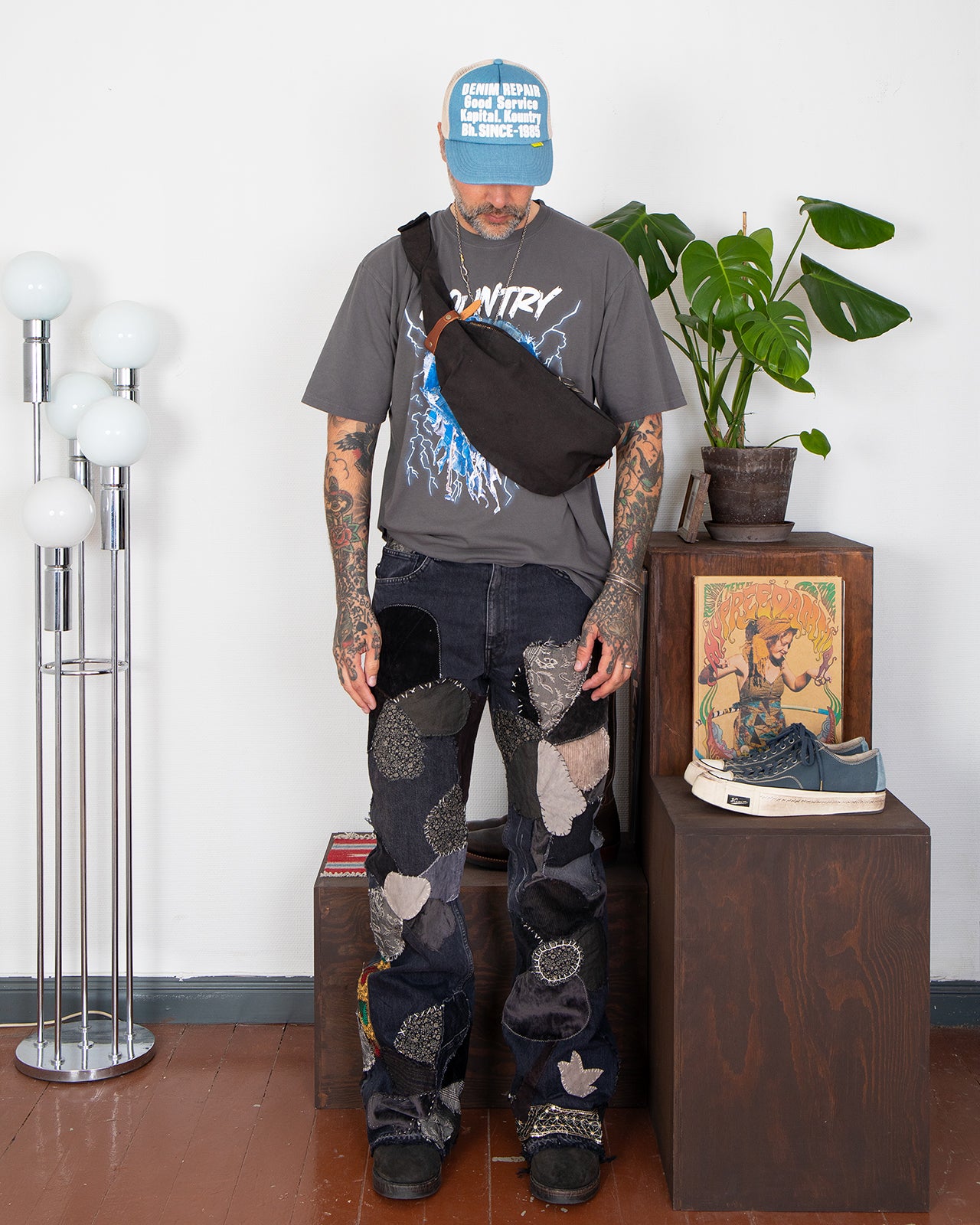 Kapital 14oz BLKxBLK Denim 5P Rat Flare Pants, Hippie-Insane