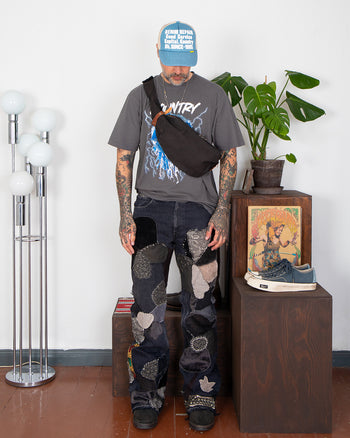 Kapital 14oz BLKxBLK Denim 5P Rat Flare Pants, Hippie-Insane Remake