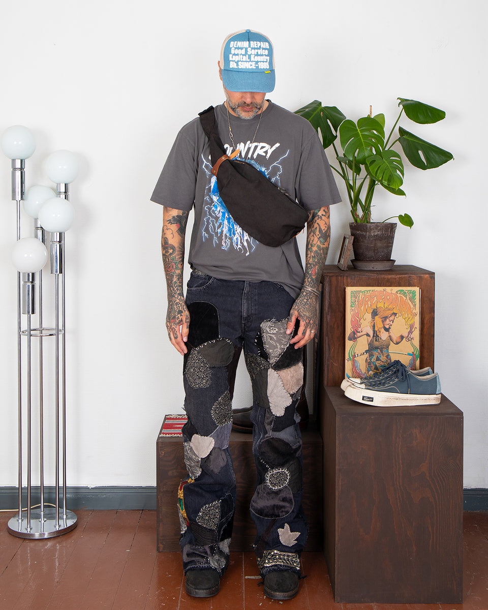 Kapital 14oz BLKxBLK Denim 5P Rat Flare Pants, Hippie-Insane Remake