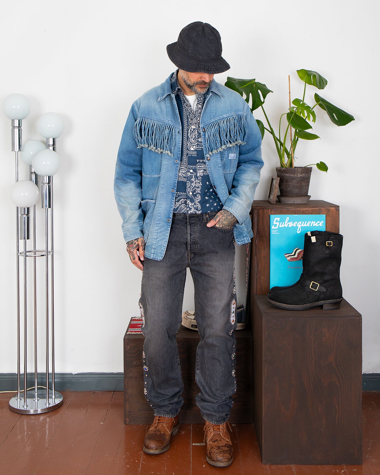 Kapital 14oz Black Denim 5P Monkey Cisco, Studs - Panchoandlefty
