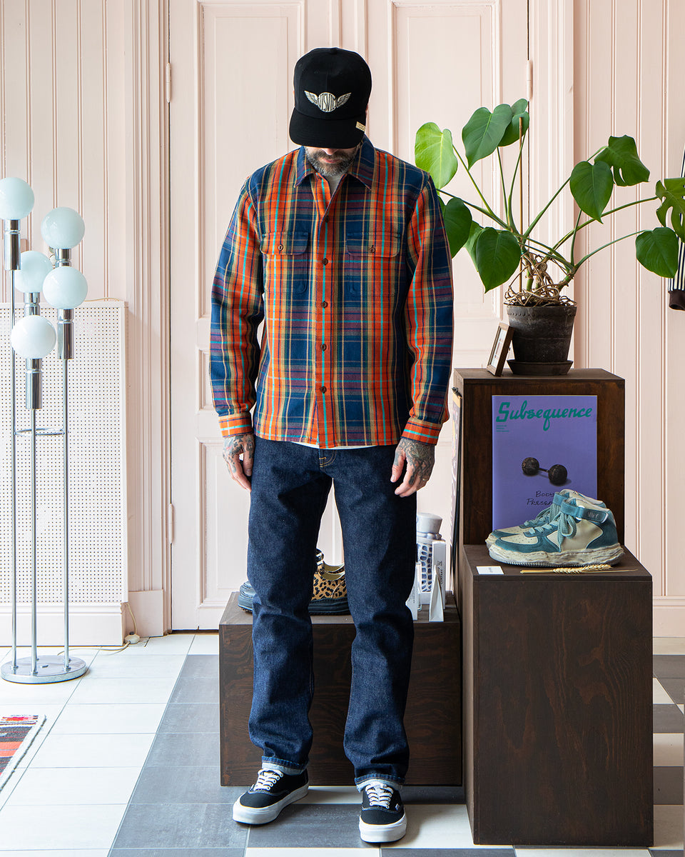 Indigofera Webster Shirt, Heavy Cotton Check, Navy / Orange / Turquoise