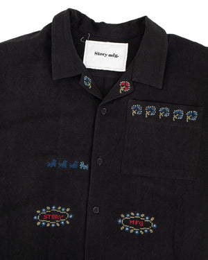 Story mfg Greetings Shirt, Sampler Hand Embroidery Black